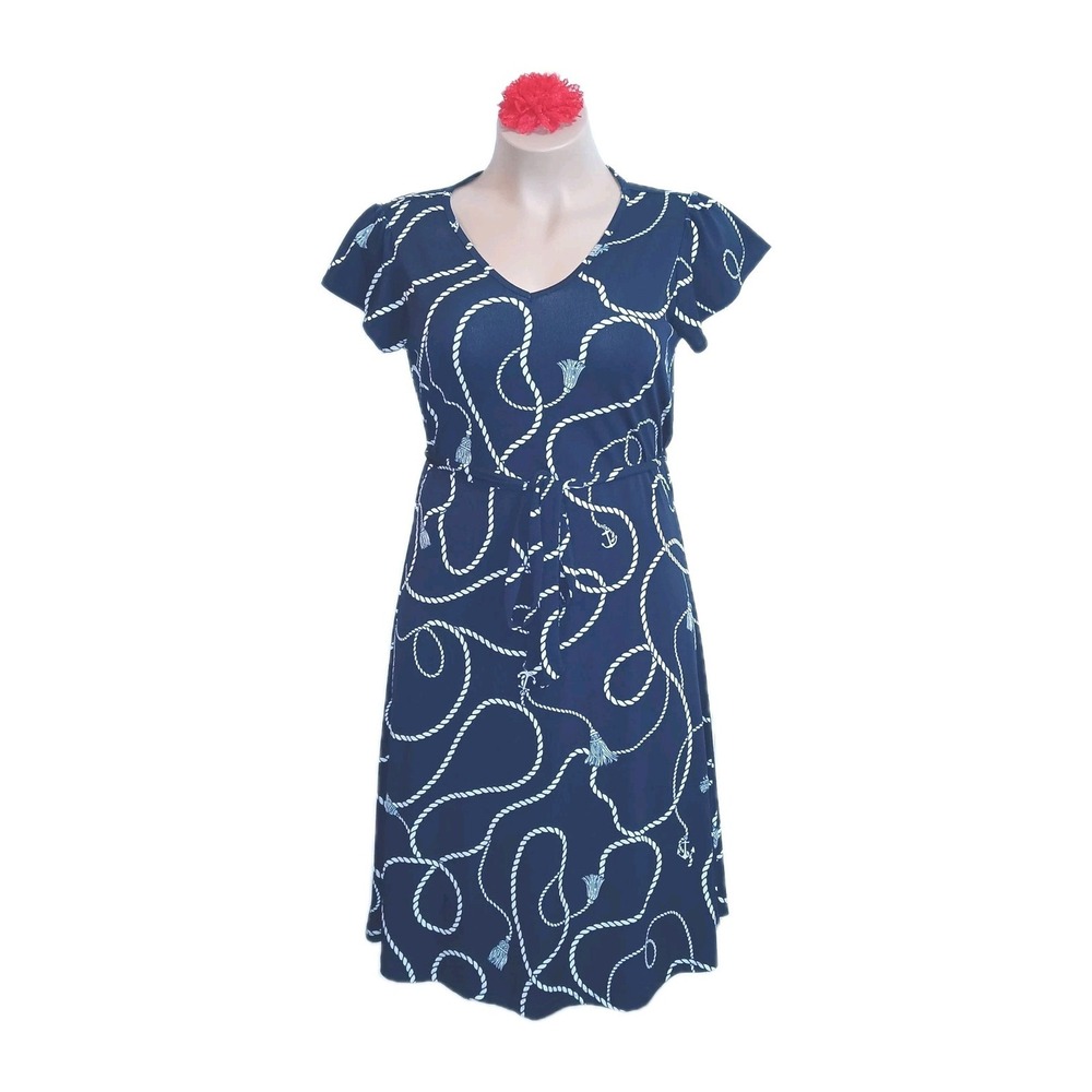 Nina Leonard Dress M Blue Women Nautical Rope Navy Sailor Anchor Cruise Boat